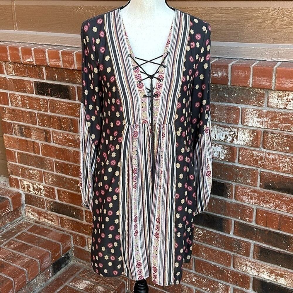 Free People Rain or Shine Printed Lace-Up Mini Dress Black Boho Floral Small